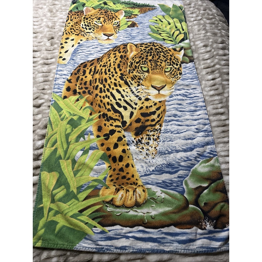 Vtg 90's Hilasal 100% Cotton Beach Towel Leopard Crossing Towel Jungle 53"x27"